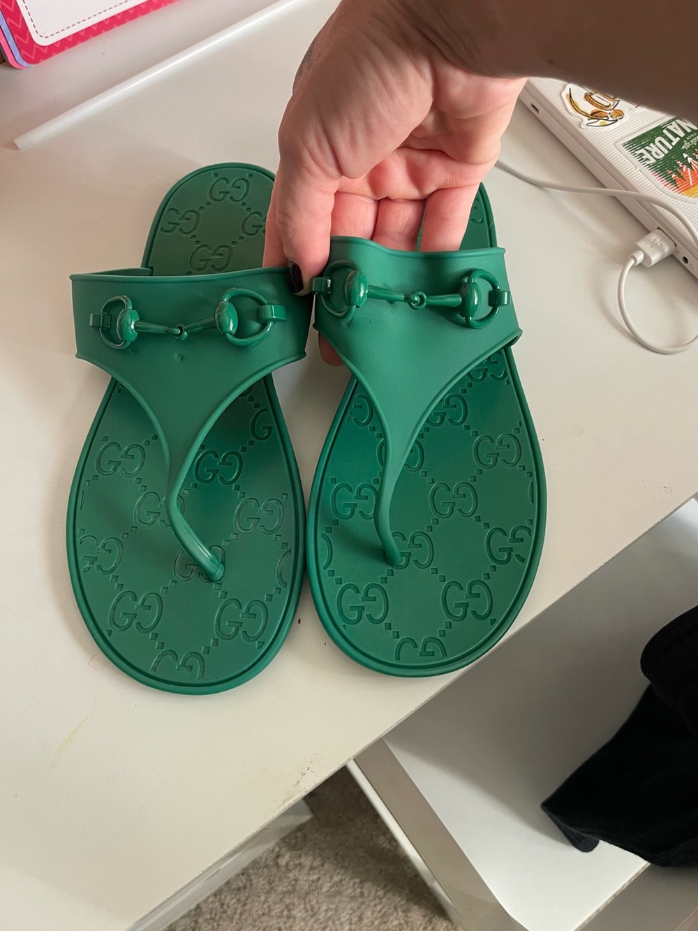 GG Green Rubber Horsebit Thong Sandals - Emerald - Picture 1 of 5